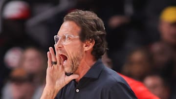 Dec 5, 2025; Atlanta, Georgia, USA; Atlanta Hawks head coach Quin Snyder on the sideline against the Denver Nuggets in the second quarter at State Farm Arena. Mandatory Credit: Brett Davis-Imagn Images
