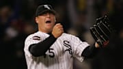 Chicago White Sox closer (45) Bobby Jenks reacts after the final out of Game 1 of the 2005 World Series against the Houston Astros at US Cellular Field in Chicago.