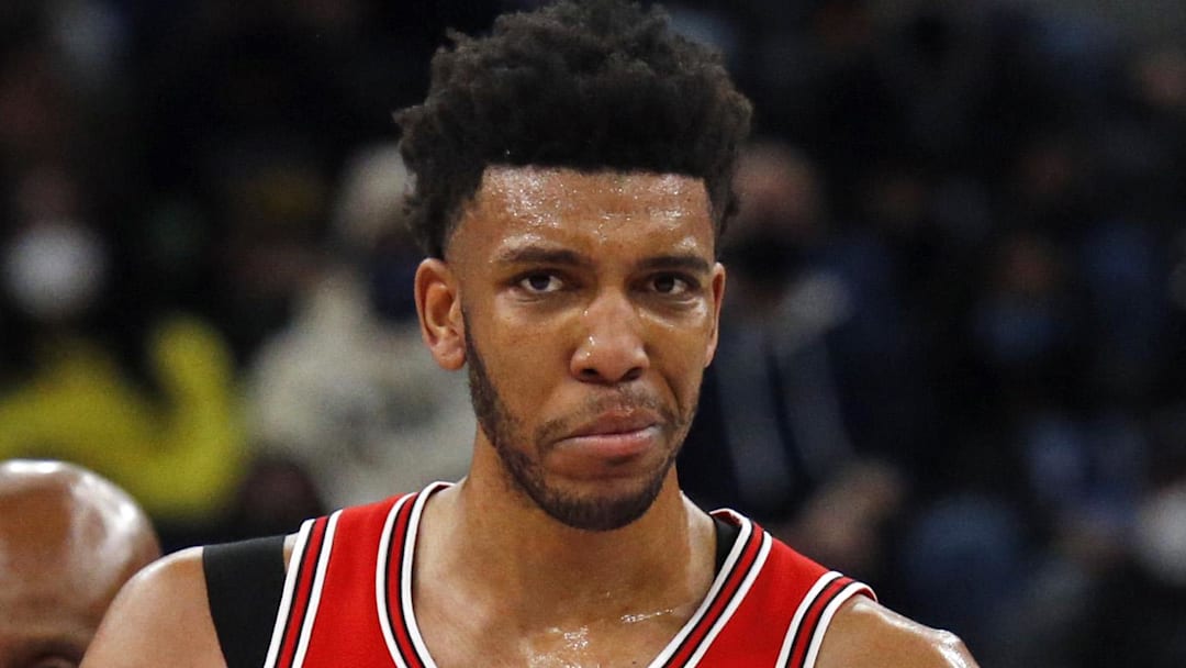 Chicago Bulls center Tony Bradley (13) reacts as he walks toward the team bench following an altercation with Memphis Grizzles guard Ja Morant (not pictured) during the second half at FedExForum on January 17, 2022.