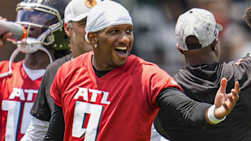 Atlanta Falcons quarterback Michael Penix Jr. (9) reacts on the field during Minicamp at Children's Healthcare of Atlanta Training Ground.