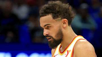Trae Young #11 of the Atlanta Hawks reacts against the Orlando Magic in the Play-In Tournament.