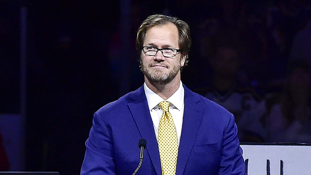Jan 17, 2022; St. Louis, Missouri, USA;  Former St. Louis Blues defenseman Chris Pronger (44) speaks before his jersey is retired prior to a game between the St. Louis Blues and the Nashville Predators at Enterprise Center. Mandatory Credit: Jeff Curry-Imagn Images