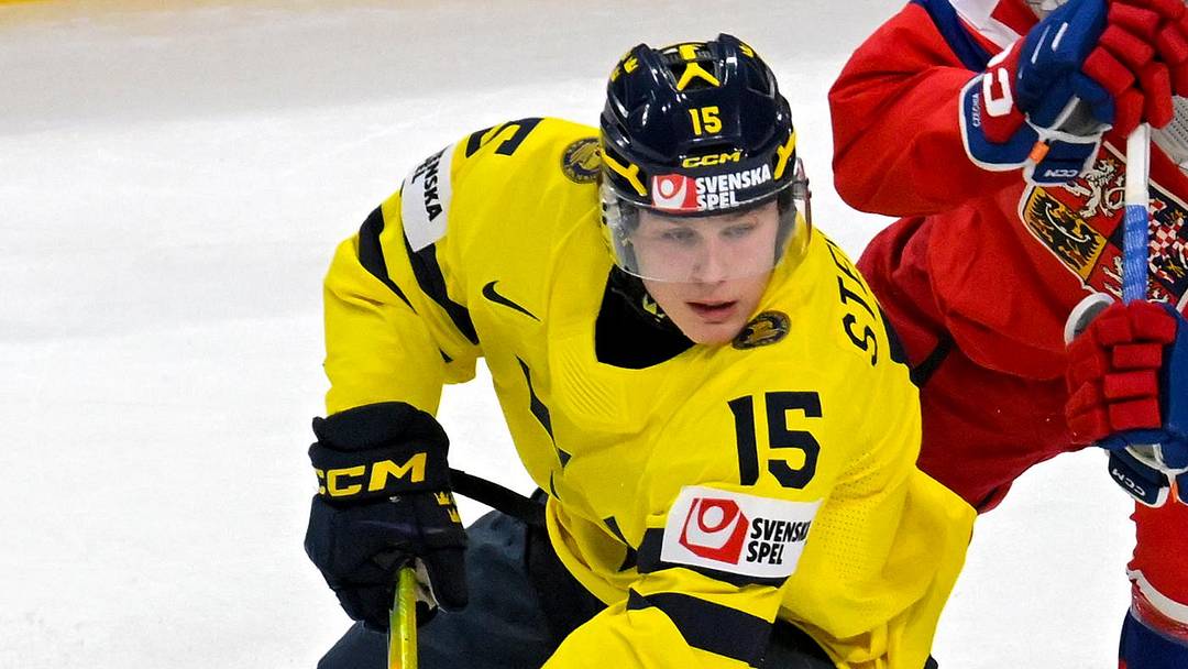 Jan 5, 2026; St. Paul, Minnesota, USA; Sweden forward Ivar Stenberg (15) controls the puck as Czechia defensemen Radim Mrtka (6) gives chase during the first period in the final of the 2026 IIHF World Junior Championship ice hockey tournament at Grand Casino Arena. Mandatory Credit: Nick Wosika-Imagn Images