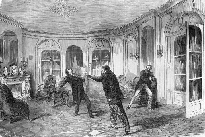 sketch of a salon in which one man is shooting another man while a third makes to pull a gun from his jacket pocket