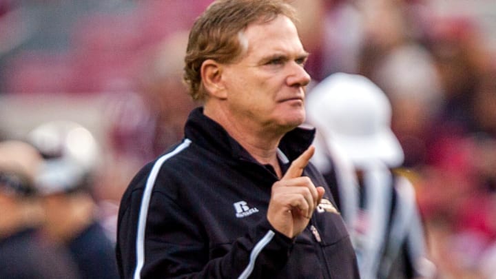 Nov 23, 2013; Columbia, SC, USA; Coastal Carolina Chanticleers head coach Joe Moglia directs his team in pregame warmups against the South Carolina Gamecocks at Williams-Brice Stadium. Mandatory Credit: Jeff Blake-USA TODAY