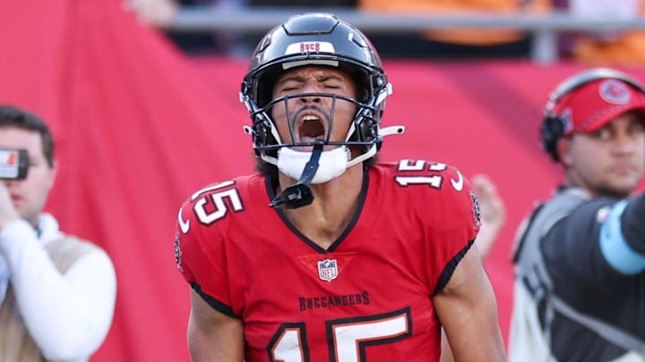 Jan 5, 2025; Tampa, Florida, USA; Tampa Bay Buccaneers wide receiver Jalen McMillan (15) celebrates after scoring a touchdown against the New Orleans Saints in the fourth quarter at Raymond James Stadium. Mandatory Credit: Nathan Ray Seebeck-Imagn Images Jan 5, 2025; Tampa, Florida, USA; Tampa Bay Buccaneers wide receiver Jalen McMillan (15) celebrates after scoring a touchdown against the New Orleans Saints in the fourth quarter at Raymond James Stadium. Mandatory Credit: Nathan Ray Seebeck-Imagn Images