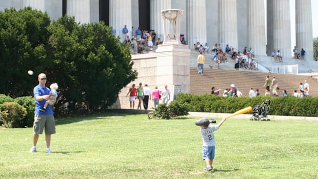 Cam Kozeal with his dad outside the Lincoln Memorial