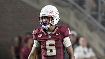 Sep 21, 2024; Tallahassee, Florida, USA; Florida State Seminoles wide receiver Jalen Brown (6) after a catch during the first half against the California Golden Bears at Doak S. Campbell Stadium. Mandatory Credit: Melina Myers-Imagn Images