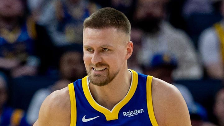 Mar 10, 2026; San Francisco, California, USA; Golden State Warriors center Kristaps Porzingis (7) celebrates during the third quarter against the Chicago Bulls at Chase Center. Mandatory Credit: Bob Kupbens-Imagn Images
