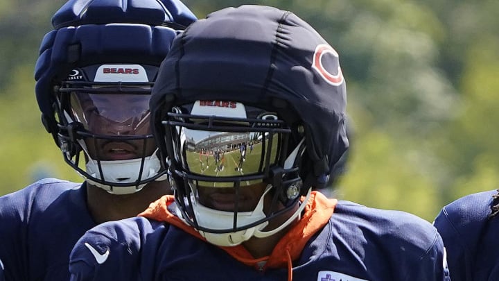 Jul 27, 2024; Lake Forest, IL, USA; Chicago Bears wide receiver DJ Moore (2) runs drills during Chicago Bears Training Camp at Halas Hall. Mandatory Credit: David Banks-USA TODAY Sports