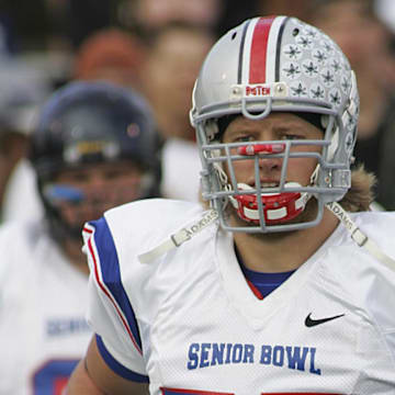 Former Ohio State Buckeyes Legend And All-Pro New York Jets Center Nick Mangold at the 2006 Senior Bowl.  Mandatory Credit:  Photo by John David Mercer-Imagn Images Copyright (c) 2006 John David Mercer