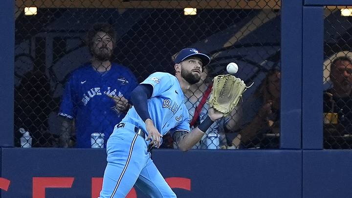 Aug 26, 2026; Toronto, Ontario, CAN;  Toronto Blue Jays right fielder Nathan Lukes (38) catches a fly ball hit by Kansas City Royals third baseman Nick Loftin (not pictured) during the second inning at Rogers Centre.  Mandatory Credit: John E. Sokolowski-Imagn Images