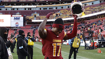 Washington Commanders wide receiver Terry McLaurin celebrates while leaving the field after beating the Philadelphia Eagles 