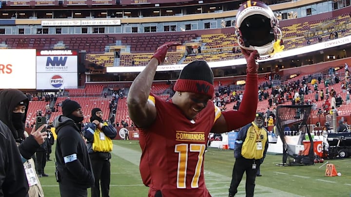 Washington Commanders wide receiver Terry McLaurin celebrates while leaving the field after beating the Philadelphia Eagles 
