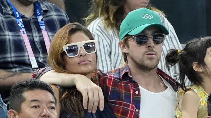 Eva Mendes and Ryan Gosling attend the second day of gymnastics event finals during the Paris 2024 Olympic Summer Games at Bercy Arena. 