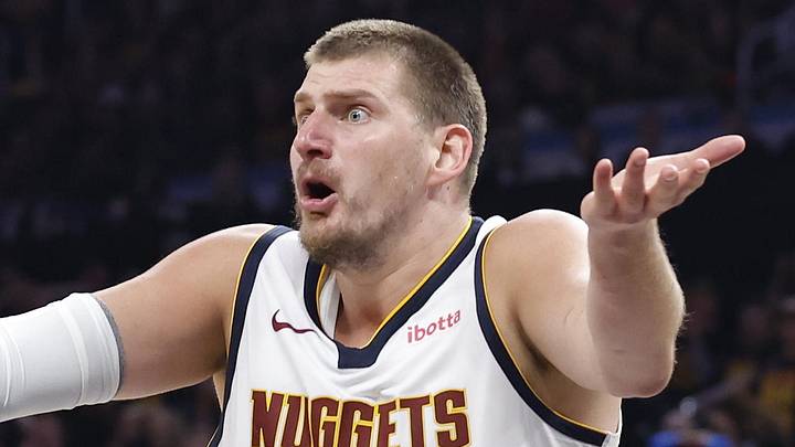 May 5, 2025; Oklahoma City, Oklahoma, USA; Denver Nuggets center Nikola Jokic (15) reacts after a play against the Oklahoma City Thunder during the second half in game one of the second round for the 2025 NBA Playoffs at Paycom Center. Mandatory Credit: Alonzo Adams-Imagn Images