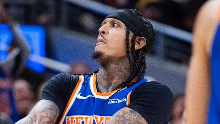 Mar 13, 2026; Indianapolis, Indiana, USA; New York Knicks guard Jordan Clarkson (00) celebrates a made basket in the second half against the Indiana Pacers at Gainbridge Fieldhouse. Mandatory Credit: Trevor Ruszkowski-Imagn Images