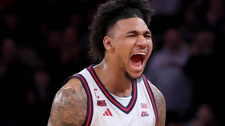 Mar 14, 2026; New York, NY, USA; St. John's Red Storm forward Dillon Mitchell (1) reacts during the second half of the men's Big East Conference Tournament Championship game against the Connecticut Huskies at Madison Square Garden. Mandatory Credit: Brad Penner-Imagn Images