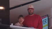 Jun 12, 2025; Sunrise, Florida, USA; American singer-songwriter Taylor Swift and Kansas City Chiefs Travis Kelce are in attendance during the game between Edmonton Oilers and Florida Panthers in game four of the 2025 Stanley Cup Final at Amerant Bank Arena. - Credit: Sam Navarro-Imagn Images