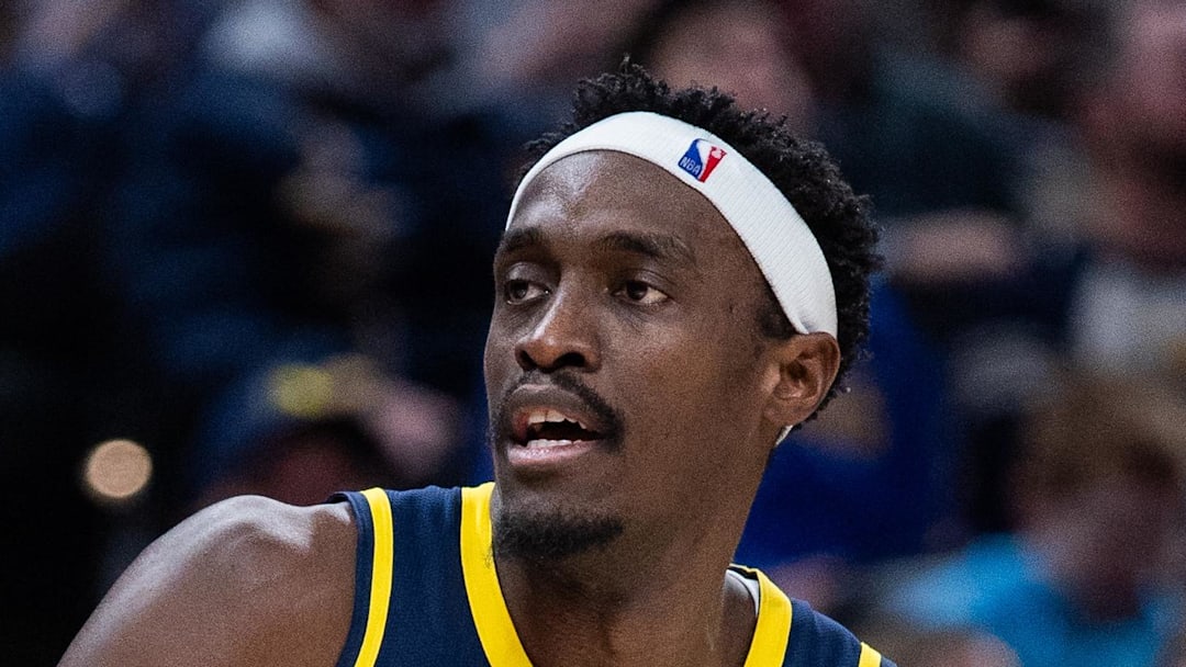 Indiana Pacers forward Pascal Siakam celebrates a made basket in the first half against the Atlanta Hawks.