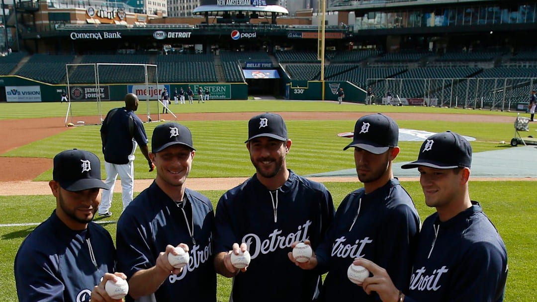 Detroit Tigers starting pitchers left to right: Anibal Sanchez, Max Scherzer and Justin Verlander pose before a game against the Houston Astros in Detroit on May 6, 2014.

Justin Verlander, Max Scherzer, Anibal Sanchez