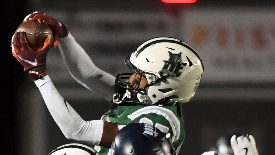 Dutch Fork Silver Foxes Kareem Dupree (27) intercepts a pass Friday, Nov. 28, 2025, during the SCHSL semi state football game against the Dorman Cavaliers at Dutch Fork High School in Irmo, South Carolina.