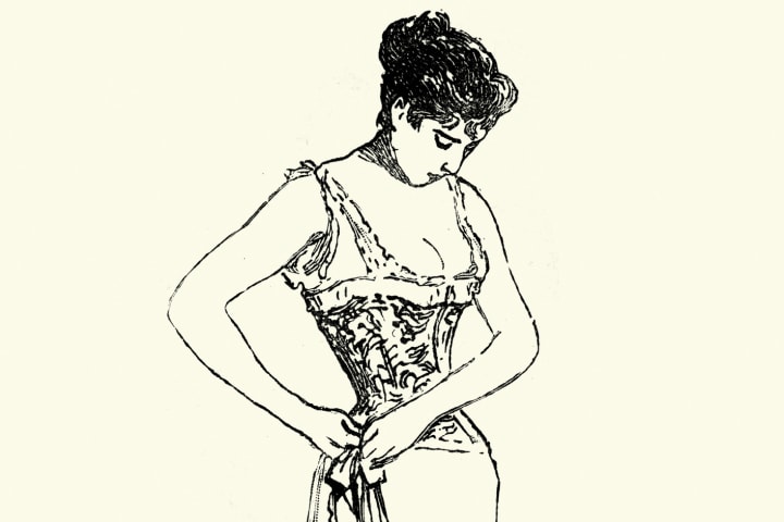 illustration of a 19th century woman getting dressed