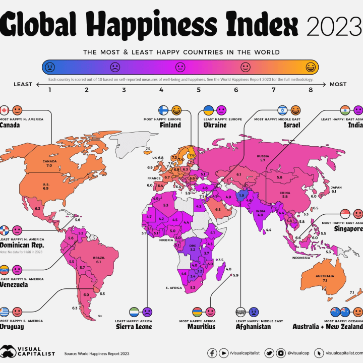 Map of the world's happiest countries.