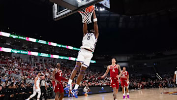 TCU's Ernest Udeh Jr. dunks the ball in a charity exhibition against Arkansas at Dickies Arena on November 1, 2024.