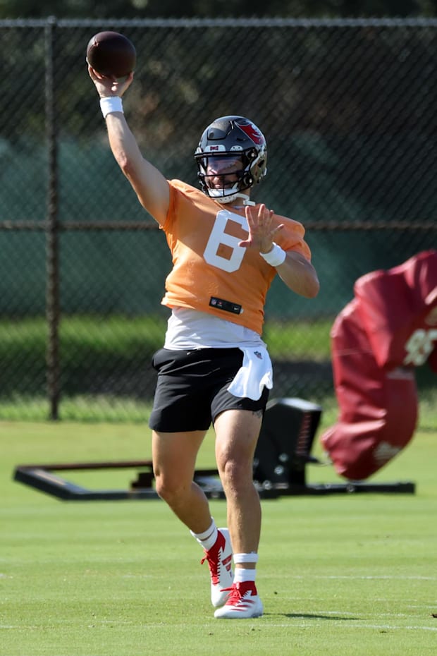 Tampa Bay Buccaneers quarterback Baker Mayfield (6) works out at One Buc Place.  