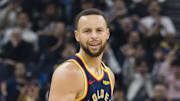 Nov 25, 2024; San Francisco, California, USA; Golden State Warriors guard Stephen Curry (30) reacts after hitting three-point shot against the Brooklyn Nets during the first half at Chase Center. Mandatory Credit: John Hefti-Imagn Images