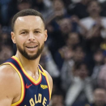Nov 25, 2024; San Francisco, California, USA; Golden State Warriors guard Stephen Curry (30) reacts after hitting three-point shot against the Brooklyn Nets during the first half at Chase Center. Mandatory Credit: John Hefti-Imagn Images