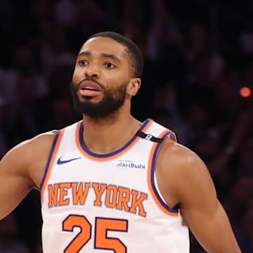 New York Knicks forward Mikal Bridges reacts in the fourth quarter against the Indiana Pacers. Mandatory Credit: Vincent Carchietta-Imagn Images