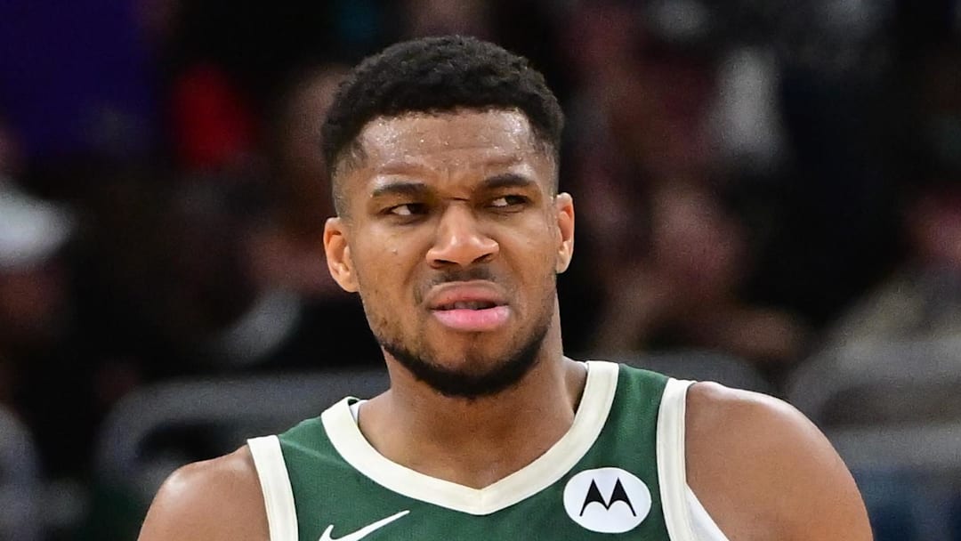 Milwaukee Bucks forward Giannis Antetokounmpo (34) reacts in the fourth quarter against the Boston Celtics at Fiserv Forum. Nov 10, 2024.