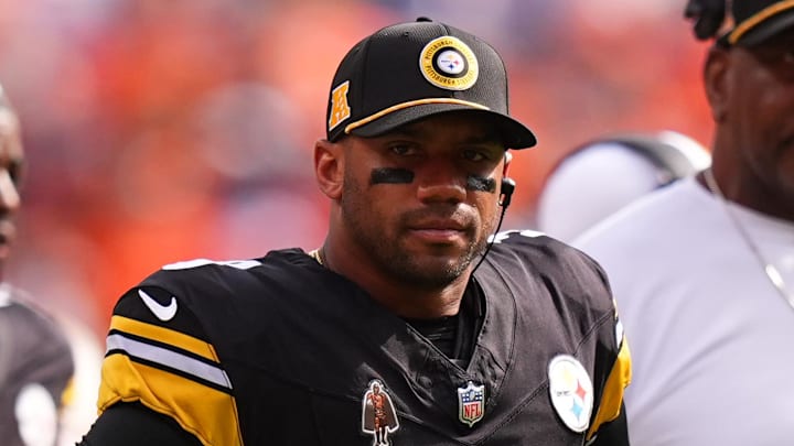 Pittsburgh Steelers quarterback Russell Wilson stands on the sidelines during a game. Pittsburgh Steelers quarterback Russell Wilson stands on the sidelines during a game.