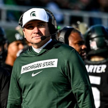 Michigan State's head coach Jonathan Smith looks on form the sideline during the first quarter in the game against Indiana on Saturday, Nov. 2, 2024, at Spartan Stadium in East Lansing.
