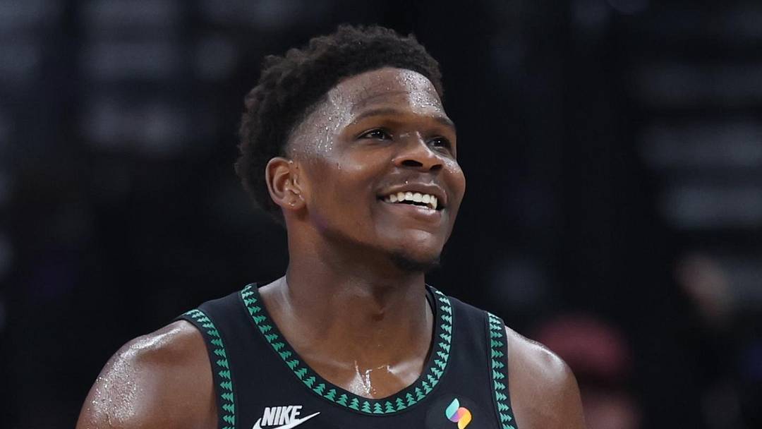 Nov 10, 2025; Salt Lake City, Utah, USA; Minnesota Timberwolves guard Anthony Edwards (5) reacts to a play against the Utah Jazz during the second half at Delta Center. Mandatory Credit: Rob Gray-Imagn Images