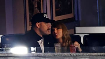 Taylor Swift and Kansas City Chiefs tight end Travis Kelce watch Game 1 of the 2024 ALCS at Yankee Stadium on Oct.14, 2024.