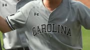 May 22 2024; Hoover, AL, USA; South Carolina players including pitcher Garrett Gainey and catcher Cole Messina celebrate after the Gamecocks held on for a 6-5 win over Arkansas at the Hoover Met during the SEC Tournament.