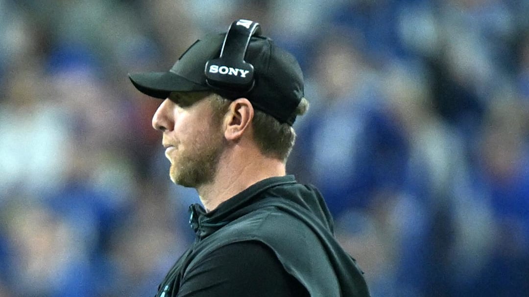 Dec 28, 2025; Indianapolis, Indiana, USA; Jacksonville Jaguars head coach Liam Coen during the second half against the Indianapolis Colts at Lucas Oil Stadium. Mandatory Credit: Robert Goddin-Imagn Images