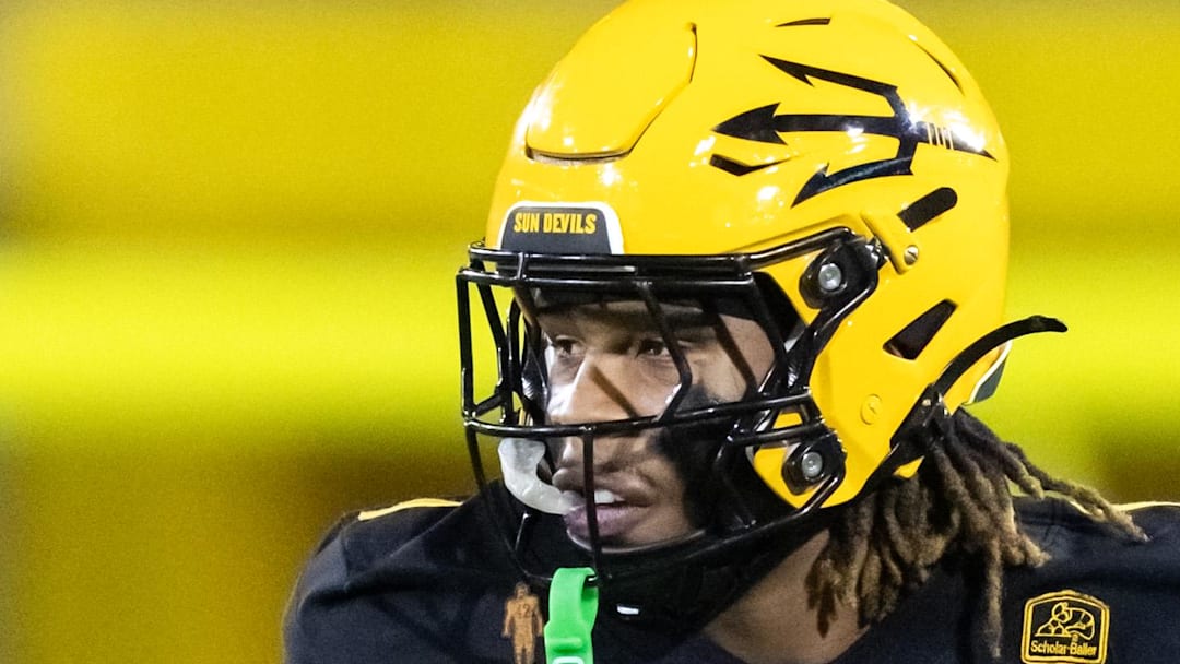 Oct 25, 2025; Tempe, Arizona, USA; Arizona State Sun Devils defensive back Keith Abney II (1) against the Houston Cougars at Mountain America Stadium. Mandatory Credit: Mark J. Rebilas-Imagn Images