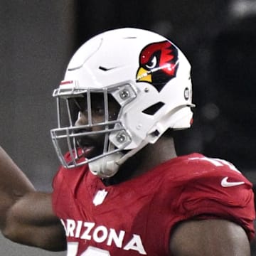 Nov 3, 2025; Arlington, Texas, USA; Arizona Cardinals linebacker Josh Sweat (10) celebrates after sacking Dallas Cowboys quarterback Dak Prescott (4) in the second half at AT&T Stadium. Mandatory Credit: Jerome Miron-Imagn Images