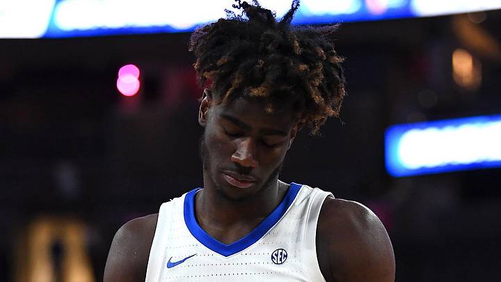Dec 18, 2019; Las Vegas, NV, USA; Kentucky Wildcats forward Kahlil Whitney (2) reacts to a play during the second half against the Utah Utes at T-Mobile Arena. Mandatory Credit: Stephen R. Sylvanie-Imagn Images