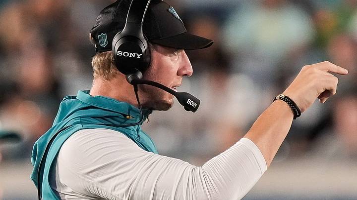 Jacksonville Jaguars head coach Liam Coen coaches from the sideline during the second quarter at EverBank Stadium in the second preseason game on Friday night, August 21, 2026 in Jacksonville, Fla. [Doug Engle/Florida Times-Union]