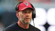 Nov 15, 2025; Miami Gardens, Florida, USA; NC State Wolfpack head coach Dave Doeren looks on against Miami Hurricanes during the second quarter at Hard Rock Stadium. Mandatory Credit: Sam Navarro-Imagn Images
