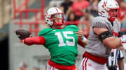 Dylan Raiola throws a touchdown pass during the 2024 Nebraska football Red-White spring game.