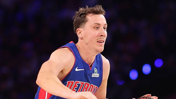 Oct 25, 2026; Philadelphia, Pennsylvania, USA; Detroit Pistons forward Duncan Robinson (55) dribbles past Philadelphia 76ers forward LeBron James (23) during the second quarter at Xfinity Mobile Arena. Mandatory Credit: Bill Streicher-Imagn Images
