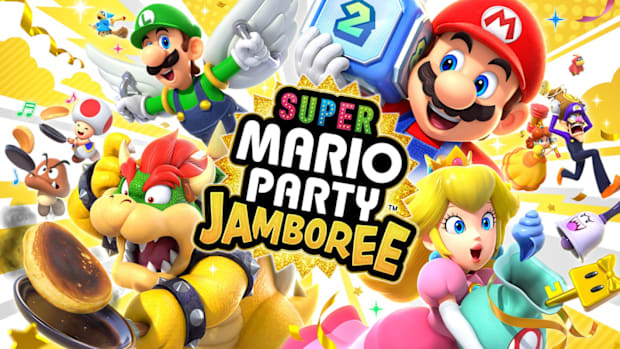 A cover image of Super Mario Party Jamboree with Mario, Princess Peach, Luigi, and Bowser.