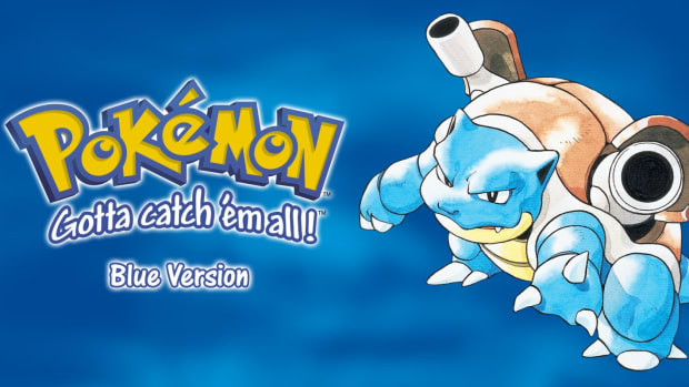 Pokemon Blue key art with the Pokemon logo above text reading "Blue Version" next to a Blastoise