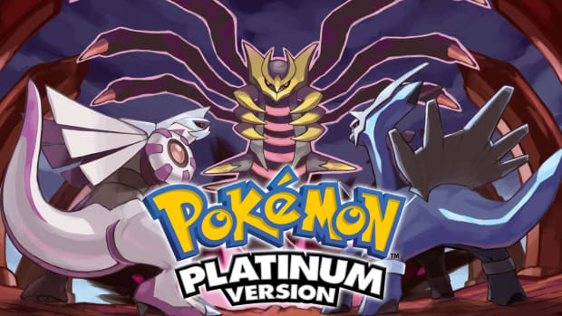 Key art for Pokemon Platinum showing the logo for the game in front of a Dialga and Palkia fighting against a Giratina